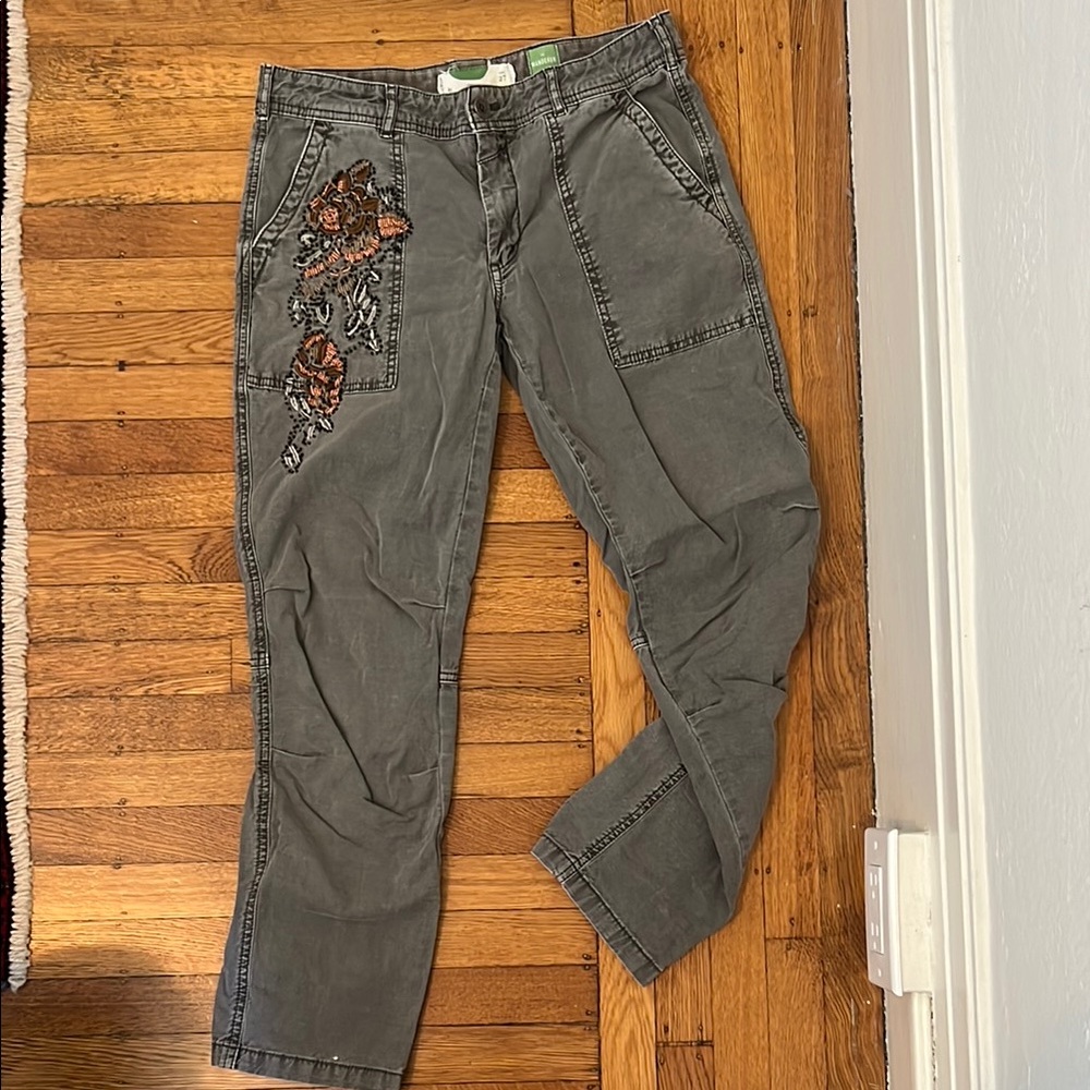 Anthropologie Gray Beaded Pants with Embroidery